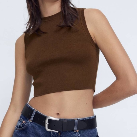 Women’s‎ ZARA Knit Chocolate Brown Sleeveless crop Top size small - Picture 1 of 10